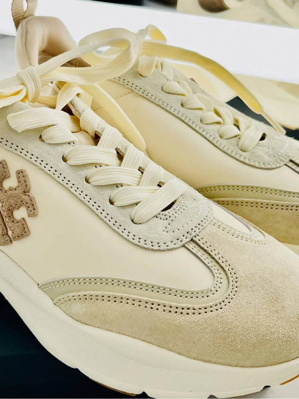 Good Luck Trainer by Tory Burch Cream and Beige Suede-Trim Sneakers♥️